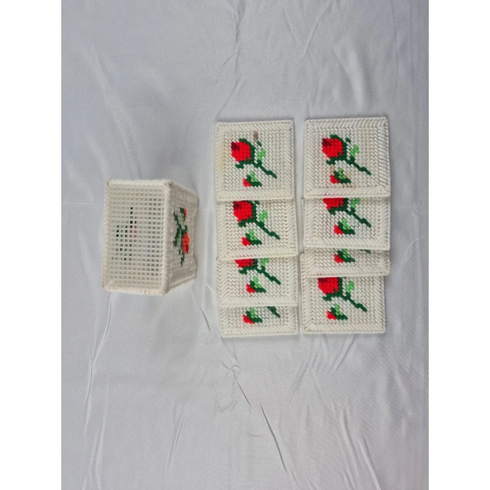 Vintage Handmade Plastic Canvas Coaster Set 8pc Red Rose Floral Cottagecore